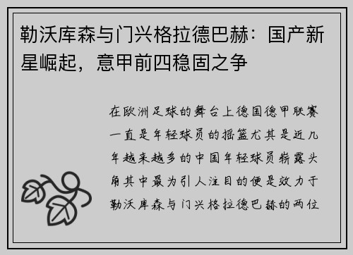 勒沃库森与门兴格拉德巴赫：国产新星崛起，意甲前四稳固之争